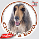 Lévrier Afghan tricolore Tête, sticker voiture rond "Chien à Bord" 15 cm 3a