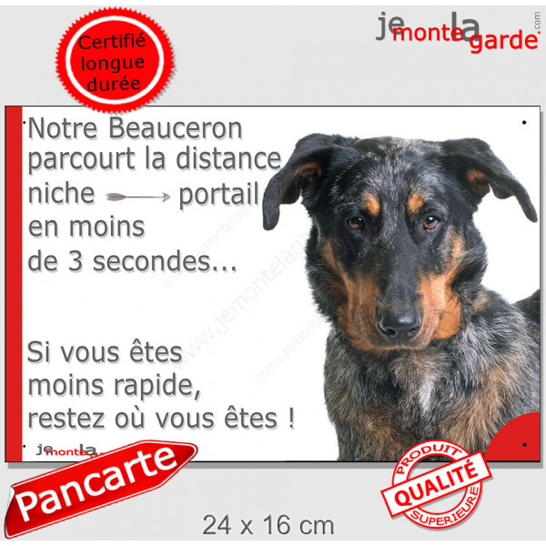 Beauceron Arlequin, Plaque Portail extérieur "distance niche-portail 3 secondes" photo berger Beauce Harlequin bleu merle 
