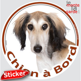 Lévrier Saluki fauve et blanc, sticker autocollant rond "Chien à Bord" Disque photo adhésif vitre voiture