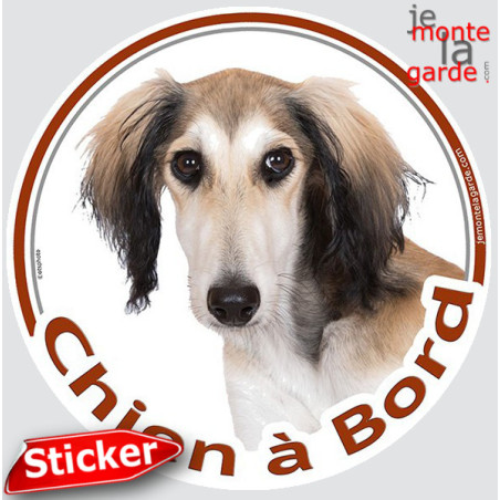 Lévrier Saluki fauve et blanc, sticker autocollant rond "Chien à Bord" Disque photo adhésif vitre voiture