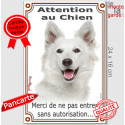 Berger Blanc Suisse, plaque portail verticale "Attention au Chien, pas sans autorisation" 24 cm VL