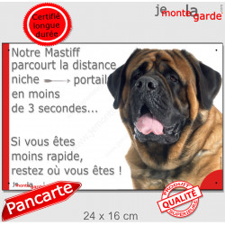 Mastiff tête, plaque humour "parcourt distance Niche-Portail moins 3 secondes, rapide" pancarte photo attention au chien