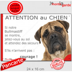 Bullmastiff fauve, plaque portail humour "Attention au Chien, Jetez Vous au Sol, attendez secours, courage" pancarte drôle photo