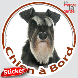 Schnauzer noir et blanc Tête, disque photo autocollant "Chien à Bord" Sticker adhésif rond vitre voiture, résiste pluie soleil g