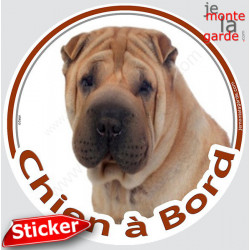 Shar-Peï fauve marron Tête, sticker autocollant rond "Chien à Bord" Disque adhésif vitre voiture photo
