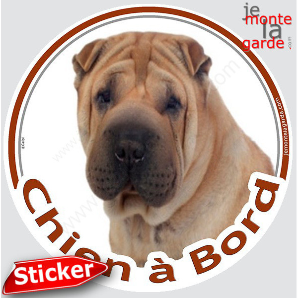 Shar-Peï fauve marron Tête, sticker autocollant rond "Chien à Bord" Disque adhésif vitre voiture photo