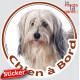 Terrier du Tibet blanc et fauve poils longs, sticker autrocollant rond "Chien à Bord" adhésif vitre voiture photo disque
