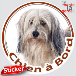 Terrier du Tibet blanc et fauve poils longs, sticker autrocollant rond "Chien à Bord" adhésif vitre voiture photo disque