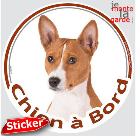 Basenji fauve et blanc Tête, sticker autocollant rond "Chien à Bord" Disque photo adhésif vitre voiture, résiste pluie soleil ge