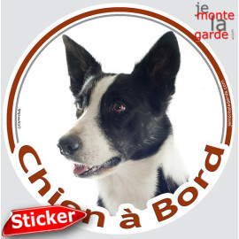 Border Collie noir et blanc poils courts, sticker autocollant rond "Chien à Bord" Disque photo adhésif vitre voiture, résiste pl