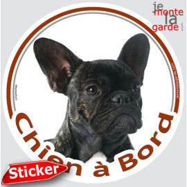 Bouledogue Français noir bringé Tête, sticker autocollant rond "Chien à Bord" Disque adhésif vitre voiture Bulldog auto photo
