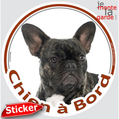 Bouledogue Français noir bringé, sticker autocollant rond "Chien à Bord" Disque photo adhésif vitre voiture Bulldog auto, résist