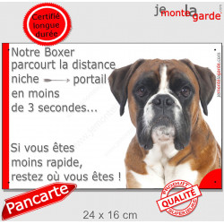 Boxer Fauve tête, Plaque drôle humour "distance niche-portail 3 secondes, rapide" pancarte photo Attention au chien