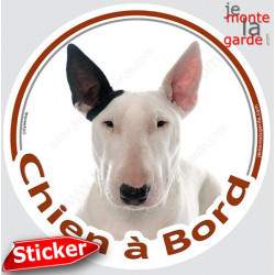 Bull Terrier blanc oreille noire Tête, sticker autocollant rond "Chien à Bord" Disque photo adhésif vitre voiture, chien auto