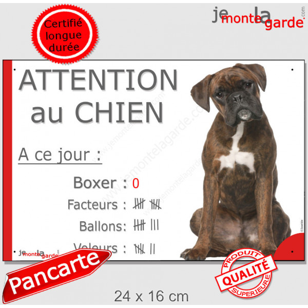 Boxer Bringé assis, Pancarte portail drôle "Attention Chien, nombre de Facteurs, Voleurs, Ballons !" plaque photo panneau