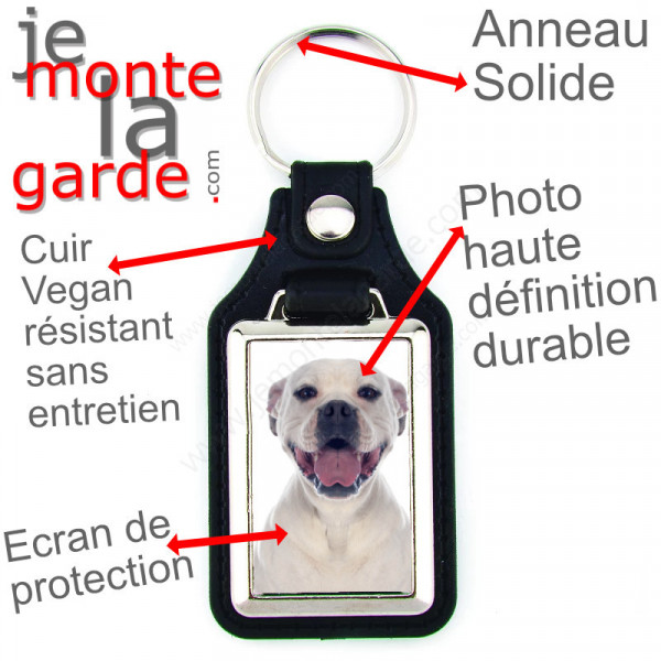 Porte-clés en cuir vegan et support en métal, avec la photo de votre Bouledogue Américain tout blanc, idée cadeau Boulam