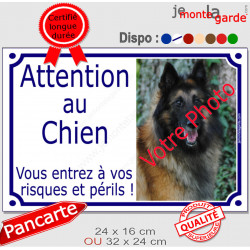 Photo personnalisable, plaque portail blanc liseré bleu "Attention au Chien, risques périls" look plaque de rue