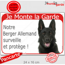 Berger Allemand tout noir poils courts tête, plaque portail rouge "Je Monte la Garde, surveille protège" pancarte panneau photo