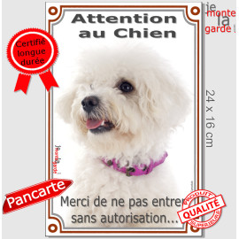 Bichon Frisé, panneau portail vertical "Attention au Chien, merci de ne pas entrer sans autorisation" photo, résiste pluie solei
