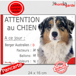 Berger Australien Bleu Merle, plaque portail humour "Attention au Chien, Nombre de Voleurs, ballons, facteurs" pancarte photo