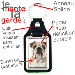 Porte-clés en cuir vegan et support en métal, avec la photo de votre Bulldog Anglais fauve, idée cadeau porte clés Bouledogue GB
