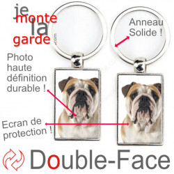 Porte-Clefs métallique double face photo Bulldog Anglais fauve, idée cadeau porte clés fer acier Bouledogue GB marron