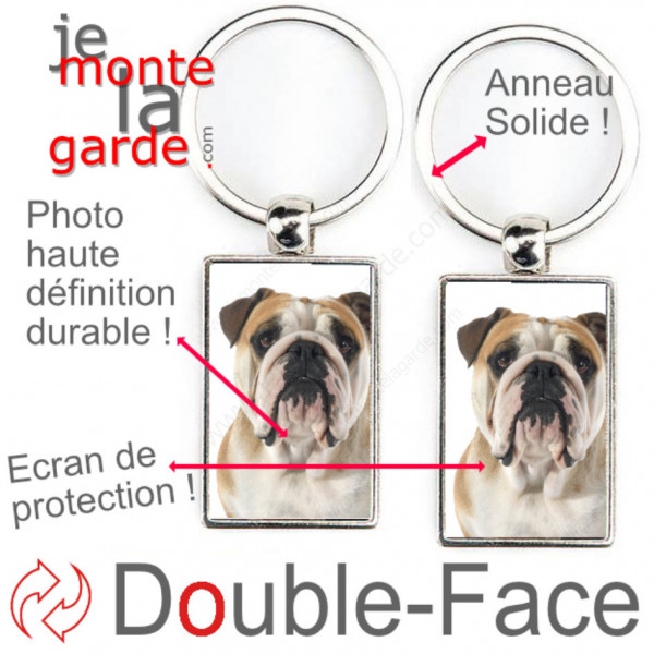 Porte-Clefs métallique double face photo Bulldog Anglais fauve, idée cadeau porte clés fer acier Bouledogue GB marron