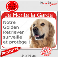 Golden Retriever foncé Tête, Plaque portail rouge "Je Monte la Garde, surveille protège" panneau pancarte photo visible voyant