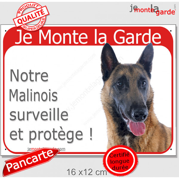 Berger Belge Malinois, Plaque Portail Rouge "Je Monte la Garde, surveille protège" pancarte panneau photo attention au chien
