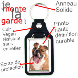 Porte-clés en cuir vegan et support en métal, avec la photo de votre Bulldog Anglais fauve, idée cadeau porte clés Bouledogue GB