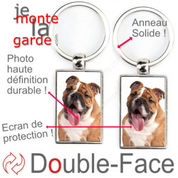 Porte-Clefs métallique double face photo Bulldog Anglais fauve, idée cadeau porte clés fer acier Bouledogue GB marron