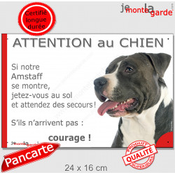 Amstaff noir blanc, plaque portail humour "Attention au Chien Jetez Vous au Sol, courage" pancarte photo American Staff Terrier