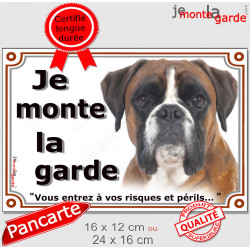 Boxer Fauve marron Tête, plaque portail extérieur "Je Monte la Garde, risques et périls" pancarte orange photo