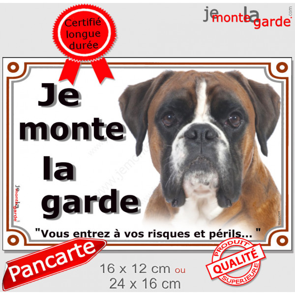 Boxer Fauve marron Tête, plaque portail extérieur "Je Monte la Garde, risques et périls" pancarte orange photo