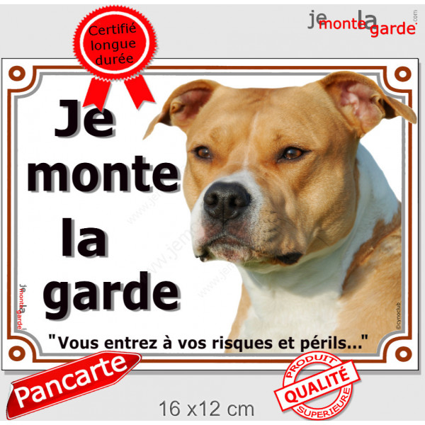 American Staff Fauve et Blanc Tête, Plaque portail "Je Monte la Garde, risques périls" panneau pancarte photo amstaff attention