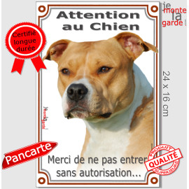 Amstaff Fauve et blanc, plaque portail verticale "Attention an Chien, merci de ne pas entrer sans autorisation" photo American S