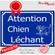 Pancarte portail extérieur drôle bleue "Attention, chien Léchant" horizontale plaque humour panneau
