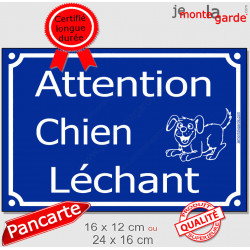 Pancarte portail extérieur drôle bleue "Attention, chien Léchant" horizontale plaque humour panneau
