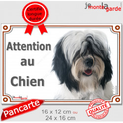 Terrier du Tibet noir et blanc poils longs Tête, plaque portail extérieur "Attention au Chien" pancarte tibétain photo