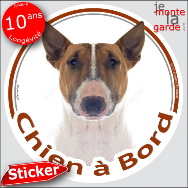 Bull Terrier fauve et blanc, sticker autocollant rond "Chien à Bord" adhésif photo vitre voiture auto