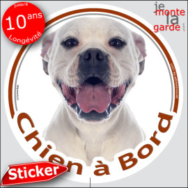 Bouledogue Américain entièrement Blanc, sticker autocollant rond "Chien à Bord" Disque adhésif vitre voiture, Bulldog Boulam, ré