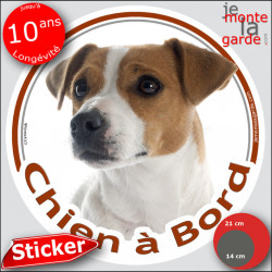 Jack Russell Terrier blanc et fauve marron Tête, sticker autocollant rond "Chien à Bord" adhésif vitre voiture photo