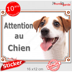 Jack Russell Terrier blanc fauve, disque autocollant "Attention au Chien" Sticker panneau photo adhésif