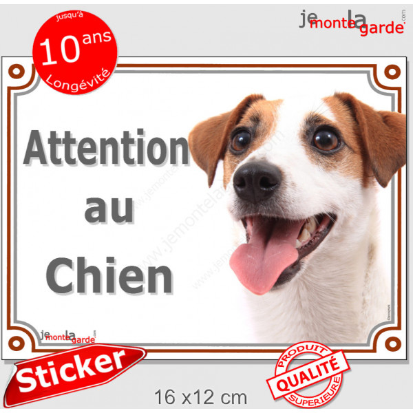 Jack Russell Terrier blanc fauve, disque autocollant "Attention au Chien" Sticker panneau photo adhésif