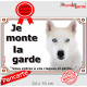 Husky Sibérien tout Blanc yeux bleus Tête, Plaque portail extérieur "Je Monte la Garde, risques périls" photo pancarte attention