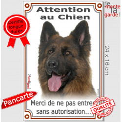 Berger Allemand Poils Longs ancien type, plaque portail verticale "Attention au Chien, pas sans autorisation" Altdeutsche