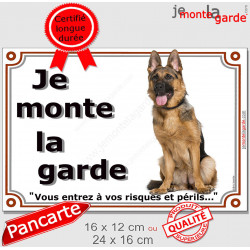 Berger Allemand noir et feu poils courts, Plaque Portail "Je Monte la Garde, risques périls" panneau photo pancarte