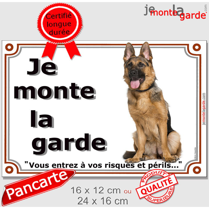 Berger Allemand noir et feu poils courts, Plaque Portail "Je Monte la Garde, risques périls" panneau photo pancarte