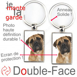 Porte-Clefs métallique double face photo Bullmastiff fauve marron, idée cadeau porte clés fer acier Bulmastif beige sable face