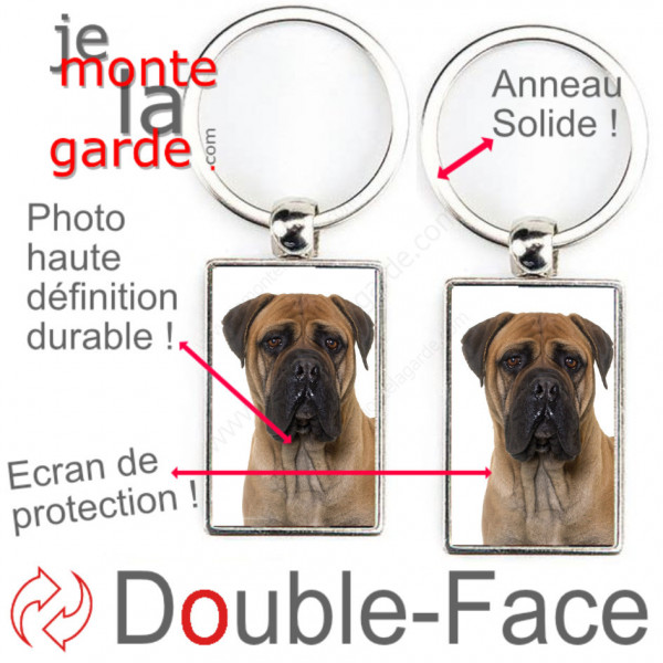 Porte-Clefs métallique double face photo Bullmastiff fauve marron, idée cadeau porte clés fer acier Bulmastif beige sable face